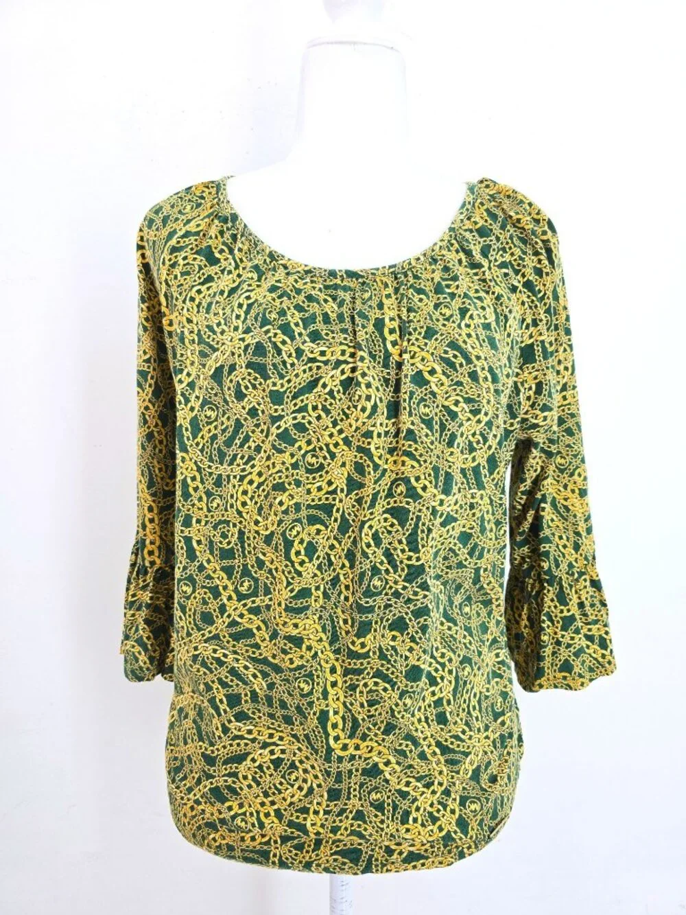Michael Kors Green Gold Chainlink 3/4 Ruffle Sleeve Boxy Scoop Neck Top Women L